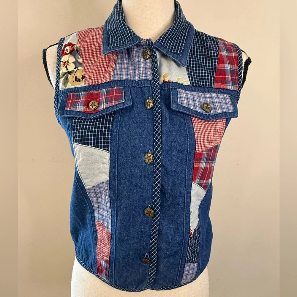 Koret vintage denim western vest patchwork floral button up SZ SP - Picture 5 of 12